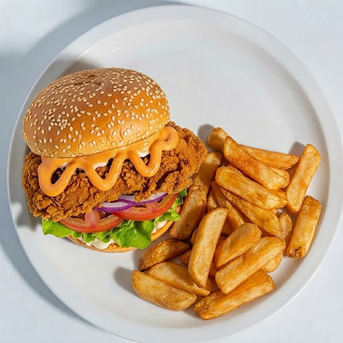 Spicy Chicken Burger With Fresh Chips 